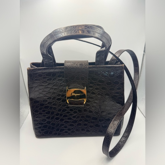 Vintage Salvatore Ferragamo Brown Croc Top Handle 2-Way Bag w/ Strap - Picture 2 of 14
